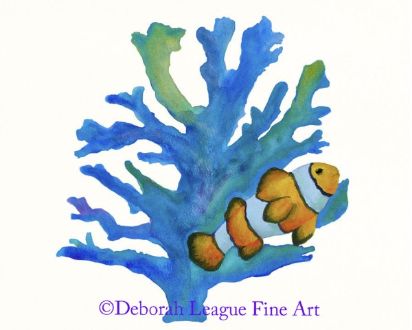 Clownfish and blue coral, watercolor. Underwater image of a colorful orange and white striped fish as it swims by a beautiful blue-green piece of coral.