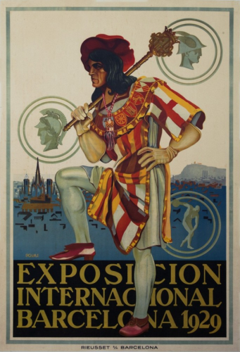 an illustration, art nouveau style, a man dressed in medieval spanish garb, his foot up on a black box underneath him, reading 'exposicion internacional barcelona 1929', prominent buildings from barcelona behind him, a white sky, floating helmeted men and a man throwing a discuss floating in the sky around him 