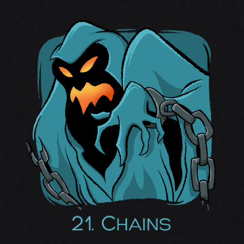 Graphic, spooky illustration of the green ghost from Scooby Doo with heavy chains around his arm. 