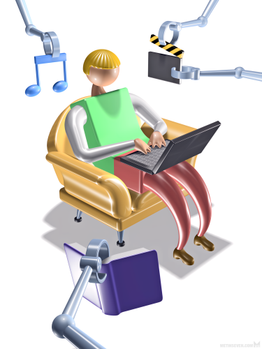 3D illustration, showing a stylized figure sitting in an armchair, ordering media via his laptop, while robot arms deliver music, a film and book.