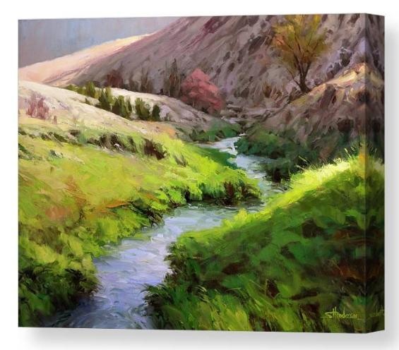 Canvas print of an original oil painting by Steve Henderson depicting a small stream winding and flowing through the hills.