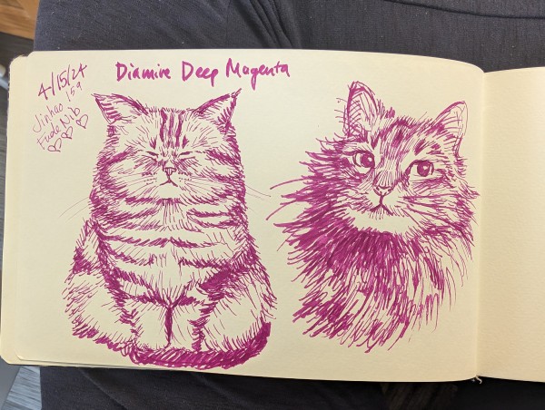 Two sketches of cats done in fuchsia fountain pen ink. Handwritten text on the left: 4/15/24, Jinhao 159 Fude Nib with 3 hearts, and Diamine Deep Magenta written at the top. Left cat is fluffy and has some stripes and a grumpy face. Right cat had large eyes looking to its left and has a smug look on its face.