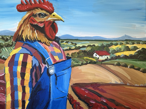 Rooster headed farmer standing in profile over rolling hills. In the background is a little farm house with a red roof. 