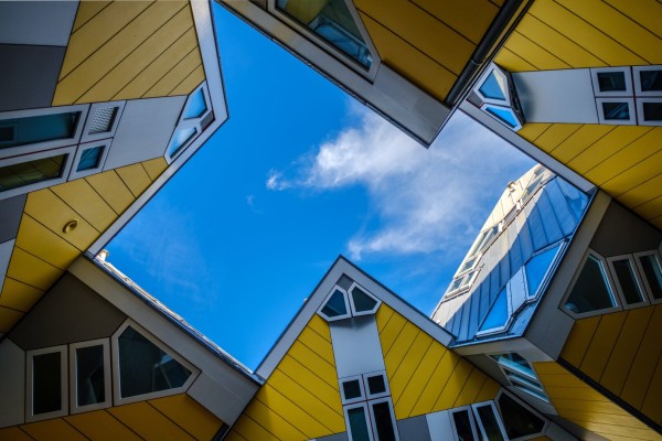 Back shot of the yellow cube houses in Rotterdam