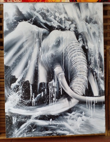 a painting of an elephant's head, the animal looking exhausted, painted in white on black background, white and grey  paint splattered and dripping on it 