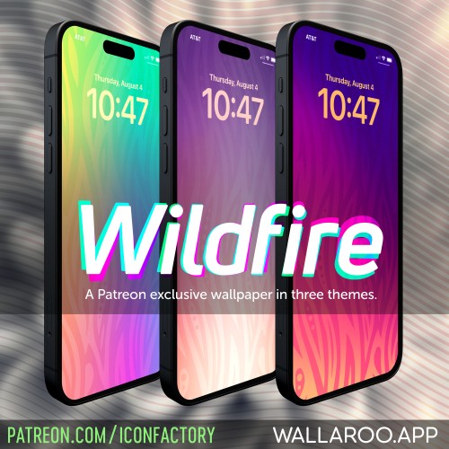 Three iPhones with their lock screens display colorful flame-like patterns across their screens. 