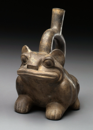 official museum photo of object, quarter turn front/side profile on gradient grey background ceramic single spout zoomorphic effigy vessel in the form of a frog-feline hybrid; looks similar to other frog effigy vessels, but has ears and paws which resemble a cat