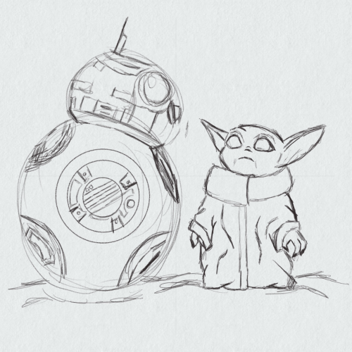 Pencil drawing of bb-8 and grogu