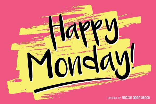 The image features a vibrant and cheerful design with the phrase "Happy Monday!" prominently displayed in the center. The background is a bold pink color, and there are large, expressive yellow brush strokes behind the text. The text itself is in a playful, bold black font that adds to the lively feel of the image.