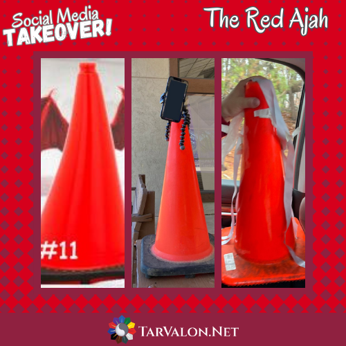 Three pictures of traffic cones. First cone has photo shopped wings and #11 on it. The second had a phone stuck to it. The third has strips of white tape.