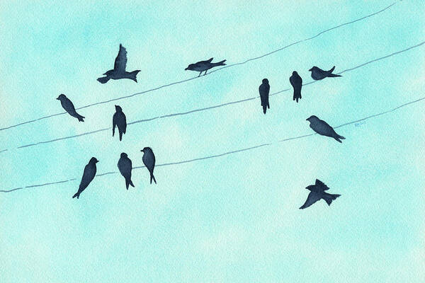 Gathering of Swallows is a hand painted watercolor painting in landscape format by the artist Karen Kaspar. Swallows have gathered on three power lines in front of a blue sky with white clouds. The silhouettes of the birds in dark indigo blue stand out clearly against the sky. Some of the swallows are sitting on the wires and appear to be having a chat. Others are flying in to attend the meeting. Others are already taking off. I wonder what important things there are to discuss.