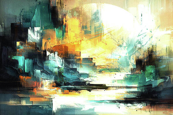 Bold strokes of blue, teal, and orange hues dominate the scene, creating an abstract landscape that is both chaotic and harmonious. Swaths of light and dark paint suggest an urban setting with reflections possibly indicating water or glass.
