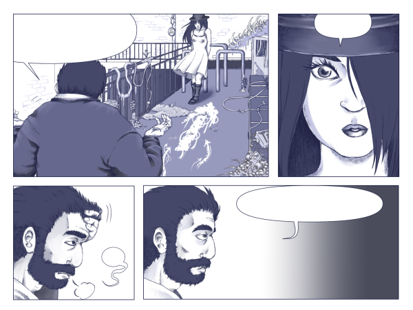 Une planche de BD sans le texte, où deux personnages marchent dans un décor de ville redevenue sauvage en discutant.