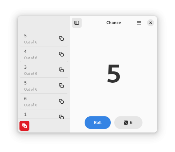 The default view of the app "Chance," showing numerous roll results from a six-sided dice on the left. The latest result, shown in the main view, is a five.