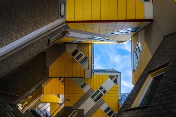 Back shot of the yellow cube houses in Rotterdam