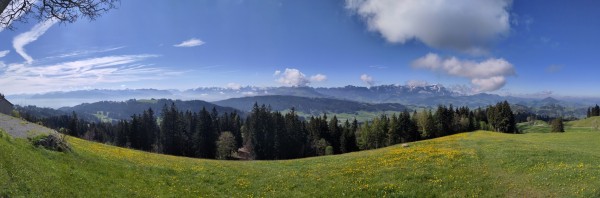 Panoramabild mit aussicht auf die Appenzell Bergen.