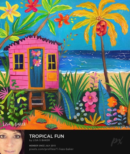 A vibrant pink beach hut stands out against the backdrop of a tropical beach setting, flanked by lush greenery and colorful flowers. Palm trees with yellow and red hues sway in the seaside ambiance, while the blue ocean gently laps at the shore in the distance