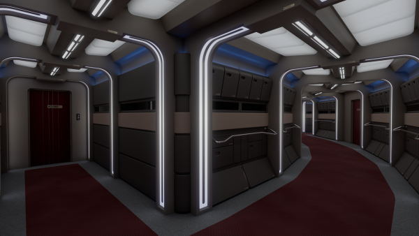 USS Yeager corridor. The floors are carpeted grey and red, while the walls are mostly beige and brown colors. There's a line of beige fabric going across all the wall segments.