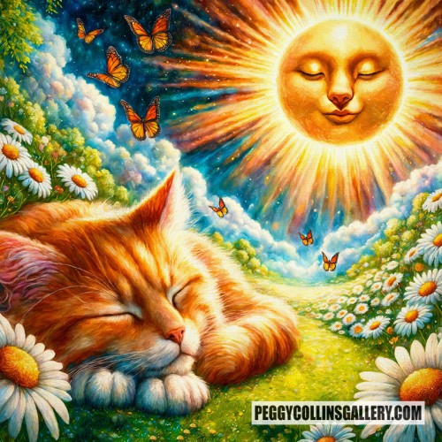 A ginger cat naps in a field of daisies as a warm sun shines down and butterflies flit about, by artist Peggy Collins.