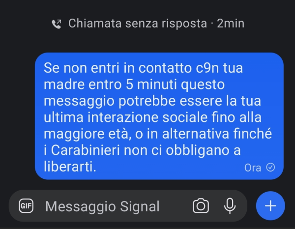 Se non entri in contatto con tua madre entro 5 minuti questo messaggio potrebbe essere la tua ultima interazione sociale fino alla maggiore età, o in alternativa finché i Carabinieri non ci obbligano a liberarti.