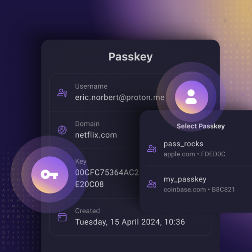 A screenshot of the Proton Pass UI, highlighting a passkey vault item.