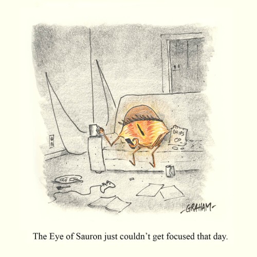 A cartoon illustration of the Eye of Sauron from the Lord of the Rings, sitting on a couch in a messy apartment scrolling their phone. 