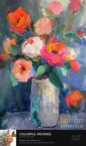 This is an acrylic abstract of some colorful peony flowers in a white vase with a blue textured background. 