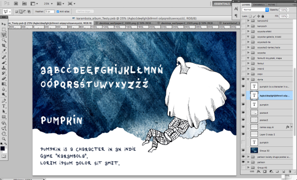 A screenshot of Photoshop, displaying a page of artwork from the game "Karambola", with some clearly WIP texts thrown around ("lorem ipsum" etc.)