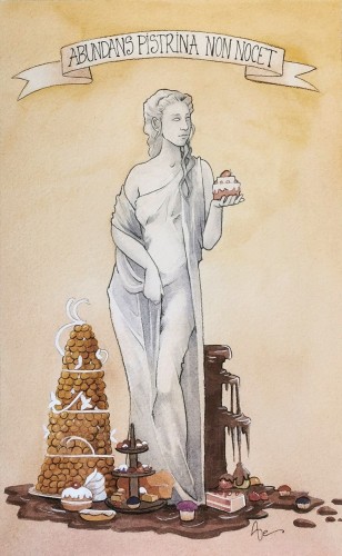 Une statue peinte à l'aquarelle, tenant en main un gâteau à la fraise. Elle est entourée d'offrandes sucrées, gâteaux en tous genre. Au dessus d'elle, un bannière indique : abundans pistrina non nocet, du latin qui signifie excès de pâtisserie ne nuit pas. 