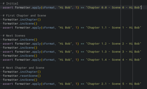 A screenshot of Python code. The code is a series of tests where the text "Hi Bob" is frequently used.