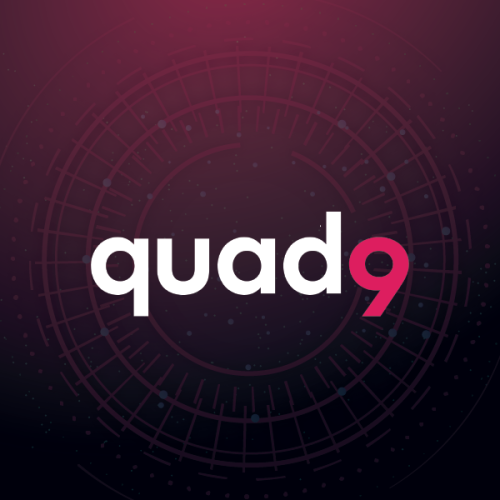 Quad9 logo, in the form of a small-caps text "quad" in white immediately followed by "9" in purple-pink, on a purple-to-black gradient background with faint circular shape in the middle.