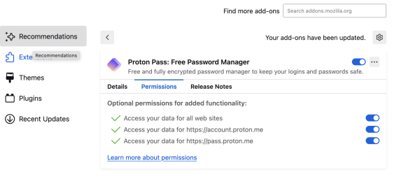 Screencap of the Firefox extensions window for Proton Pass. It is on the Permissions tab and showcases all three optional permissions activated.