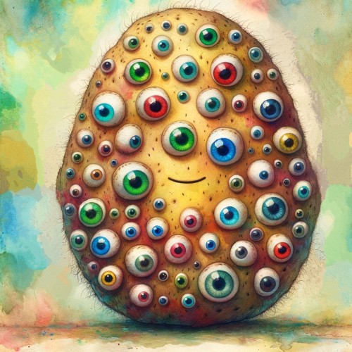 A potato with lots of bright colorful eyes 
Whimsical illustration
Machine Learning Art AI Art