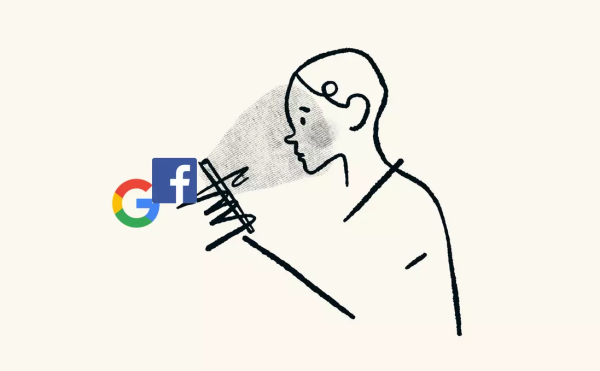 A digital drawing of a person viewing a smartphone with the Google and Facebook logos nearby.