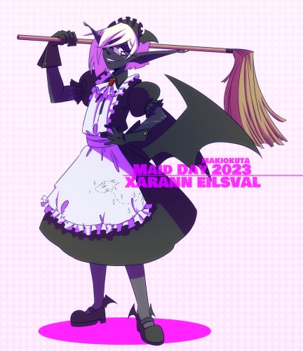 A digital illustration of my original character, Xarann, in a maid dress. The maid dress has many bat embellishments and the image is shaded with bright purples.