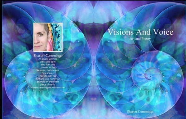 Book cover with blue nautilus shells and a picture of the artist Sharon Cummings.