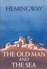 Book cover for "The Old Man and the Sea" by Hemingway featuring a seaside village with small houses and a boat, set against a vast blue sea background with the title and author's name at the top.