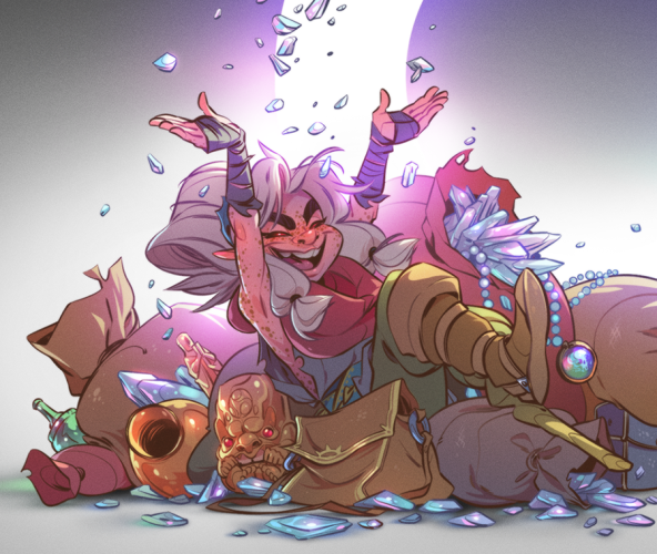 Drawing of Dal from Rising Sand sitting in a pile of loot. She's tossing shards of glass above her head.
