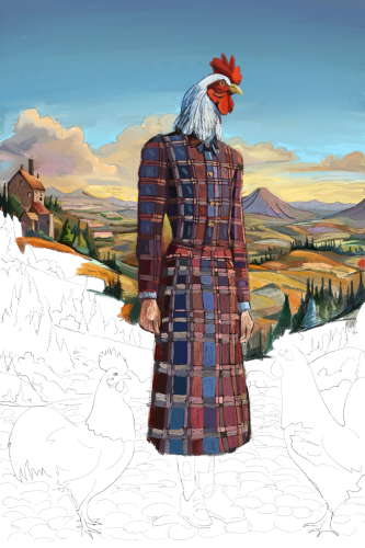 I’m nearly done with the background, a rolling series of fields and hills, on the right side of the piece. 