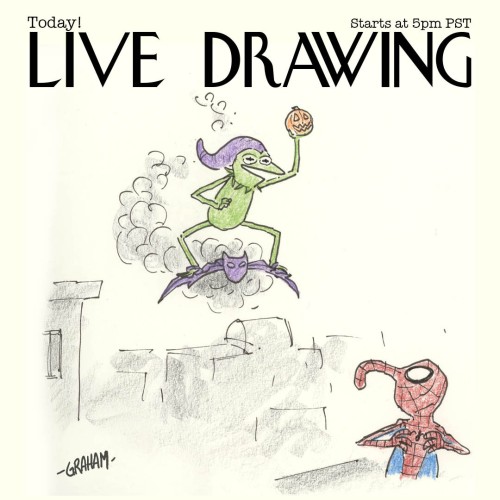 A cartoon illustration of Kermit as the Green Goblin about to throw an explosive pumpkin at Gonzo dressed as Spider-man. 