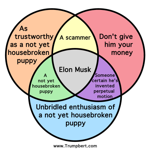 A venn diagram where the three characteristics are "Has the unbridled enthusiasm of a not yet housebroken puppy", "As trustworthy as a not yet housebroken puppy", and "Don’t give him your money", the three double overlaps are "A not yet housebroken puppy", "A scammer", and "Someone certain he's invented perpetual motion", and the triple overlap is "Elon Musk"

