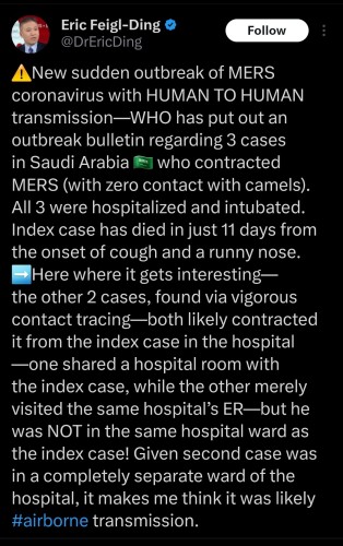 Post from Dr. Eric Feigl-Ding regarding MERS transmission.