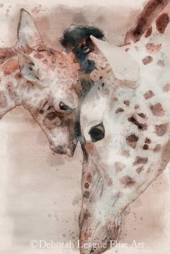 Giraffes A Mothers Love depicts mother and calf in a tender bonding moment. This sweet watercolor image, painted in soft shades of brown, will fit into many decorating styles and room types from the family room to the nursery.