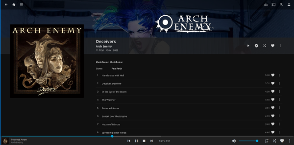 Screenshot of Jellyfin playing Arch Enemy - Deceivers album. 
