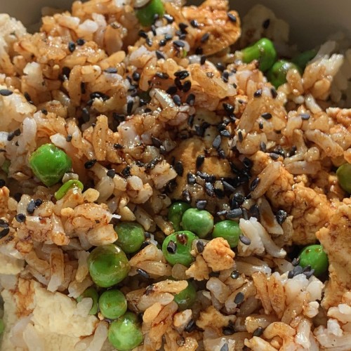Tofu fried rice with peas and LOTS of dark soy sauce