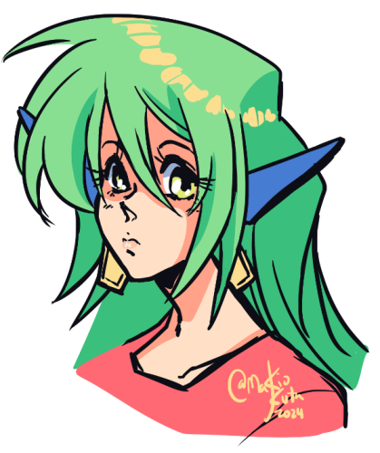 a digital drawing of my OC Mythril. She's drawn to resemble the style of mid 80s anime OVAs. Mythril has pale skin, long green hair, blue fin ears, bright yellow eyes, and is wearing yellow earrings.