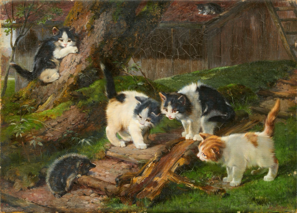 Oil painting depicting a group of calico cats gathered around a hedgehog in a yard
