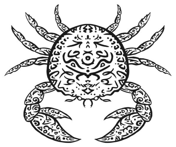 Black thick lines drawing of a crab, made of abstract patterns, similar to tribal tattoos. The crab is rather round, like looked at from up, with all its limbs well visible.