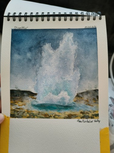 Painting of a geyser erupting 