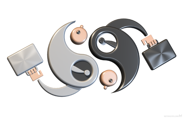 Stylized, iconic 3D illustration, showing two business men forming a Yin and Yang symbol.